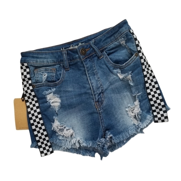 Machine Made In Italy Hi Rise Distressed Checkered Stripe Denim Shorts Size S/26 - Picture 1 of 9